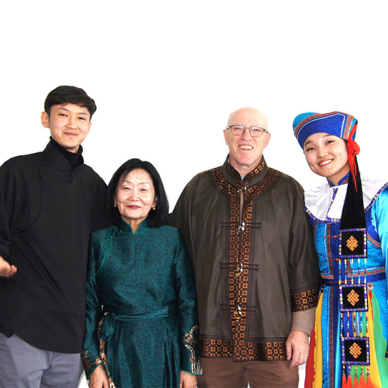 Mongolian Lunar New Year photo with people posing for the camera.